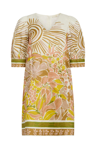Marie Oliver mini dress in citron and peach floral Solara print with puff sleeves and v-neckline