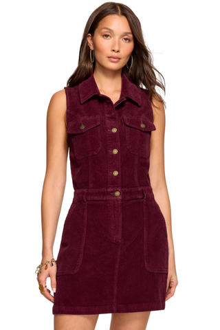 Ramy Brook Peyton Dress in Cranberry, a sleeveless cranberry corduroy mini dress with a point collar, gold-tone buttons, and patch pockets.