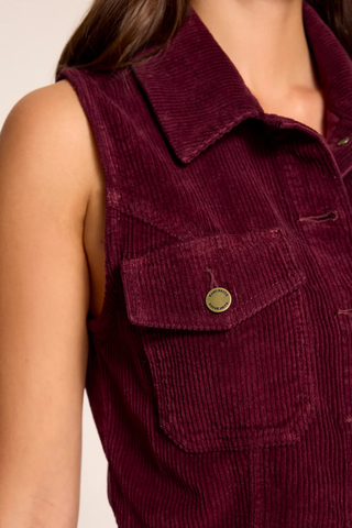 Ramy Brook Peyton Dress in Cranberry, a sleeveless cranberry corduroy mini dress with a point collar, gold-tone buttons, and patch pockets.