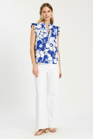 Tyler Boe Piper Raglan Blouse Cerulean Floral blue and white floral top with ruffle sleeves Monkee's of the West End