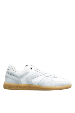 White low-top sneaker with suede panels, lace-up front, and gum sole