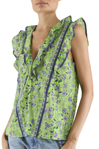 Bright lime floral V-neck top with flutter sleeves by Ramy Brook