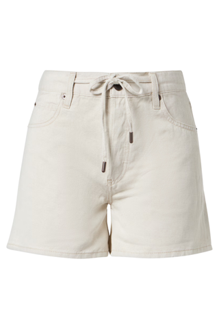 Relaxed cream denim linen blend shorts pictured against a white background.