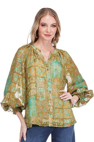 Split Neck Peasant Top, Olive Tapestry