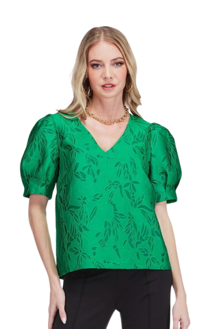 V-Neck Puff Sleeve Top, Emerald Stitch Brocade