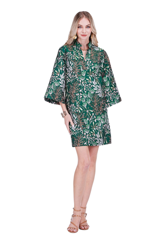 Split Neck Bell Sleeve Caftan, Evergreen Bloom