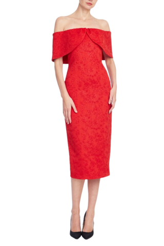 Badgley Mischka Embossed Scuba Midi Dress in red with an off-the-shoulder neckline and fitted silhouette.