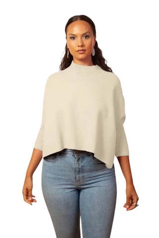 Kerisma Aja Sweater in Off White featuring a relaxed cropped silhouette, mock neckline, and wide three-quarter sleeves.
