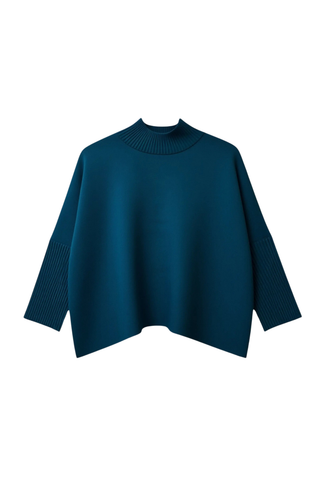Kerisma Aja Sweater in Pagoda Teal featuring a mock neckline, relaxed cropped silhouette, and wide three-quarter sleeves.