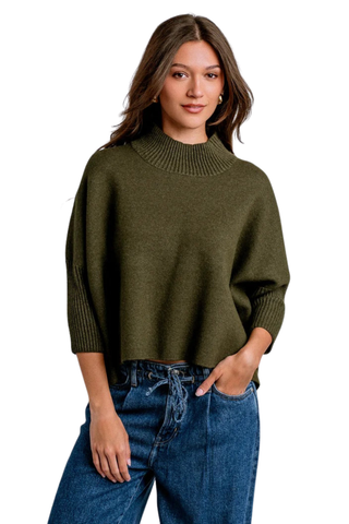 Kerisma Aja Sweater in Olive featuring a relaxed cropped silhouette, mock neckline, and wide three-quarter sleeves.