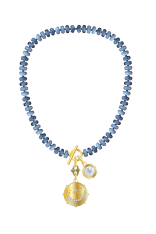 Mignonne Gavigan Viva Sol Necklace in Blue Multi with blue beading and dangling gold-tone multicolored charms.