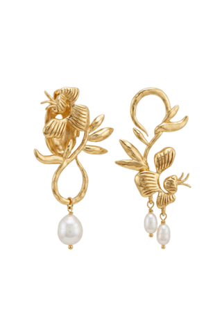 Mignonne Gavigan Armada Earrings in Gold featuring intricate botanical-inspired details and delicate pearl-like drop accents.