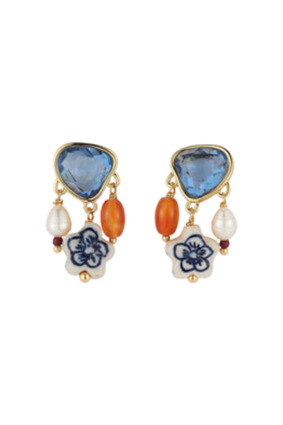 Mignonne Gavigan Ribeira Earrings in Blue Multi featuring blue, orange, navy, and gold-tone dimensional details.