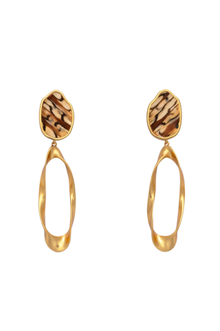 Brackish Tracy Organic Drop Earrings featuring textured round gold-tone tops and elongated sculptural open drops.