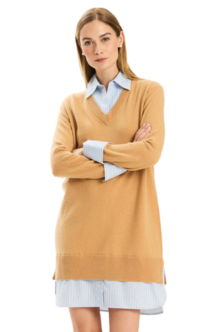 Tyler Boe Logan Cashmere Combo Sweater Dress in Iced Coffee with long sleeves, blue contrast collar, and shirtdress-style hem.
