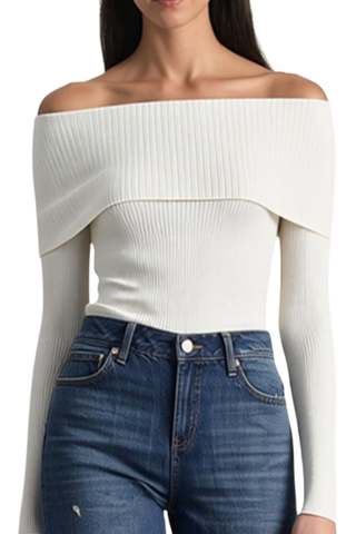 Shop the Alice + Olivia Dolan Foldover Top in Soft White, a fitted ribbed top featuring an elegant off-the-shoulder foldover neckline.