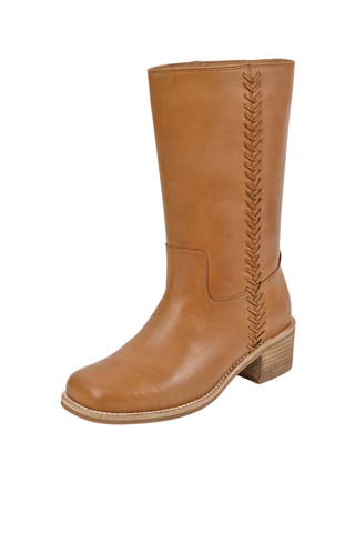 Antelope Celeste Boot in Taupe with hand-brushed leather, mid-calf shaft, braided detailing, rounded toe, and stacked block heel.