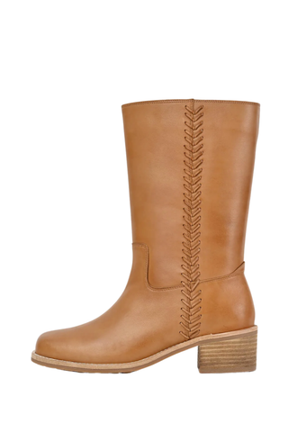 Antelope Celeste Boot in Taupe with hand-brushed leather, mid-calf shaft, braided detailing, rounded toe, and stacked block heel.