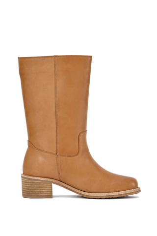 Antelope Celeste Boot in Taupe with hand-brushed leather, mid-calf shaft, braided detailing, rounded toe, and stacked block heel.