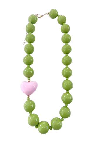 Gemelli Judy Beaded Necklace in Pink with glossy green beads and contrasting pink heart charm.