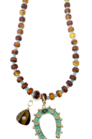 Gemelli Henri Beaded Necklace in Multi with multicolored beads and two statement charms.