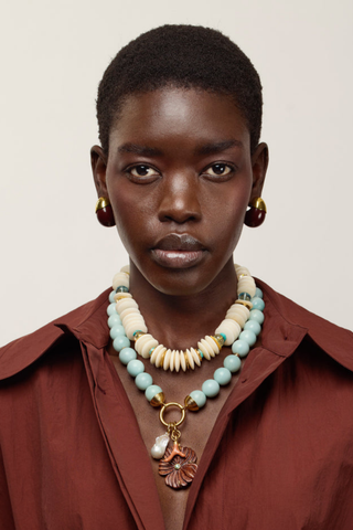 Lizzie Fortunato Petra Collar in Multi featuring recycled white bone beads, colorful quartz stones, and gold-plated brass accents.