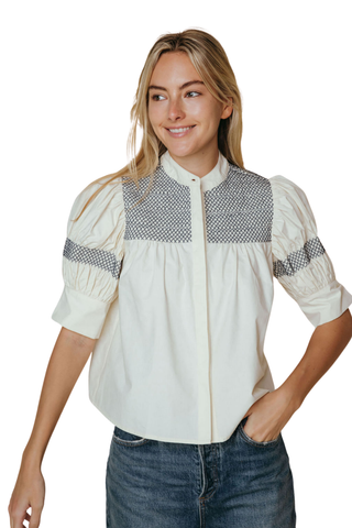 Sutton Blouse, Bone With Navy Stitching