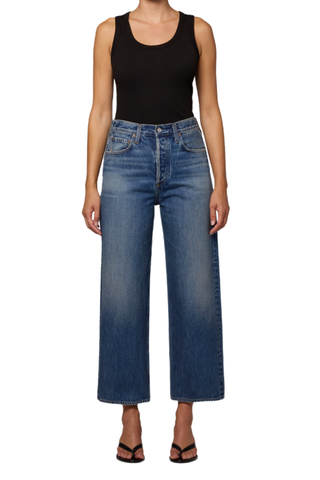 AGOLDE Ren Jean in Chapter featuring a medium blue wash, high-rise waist, cropped length, and wide-leg silhouette.