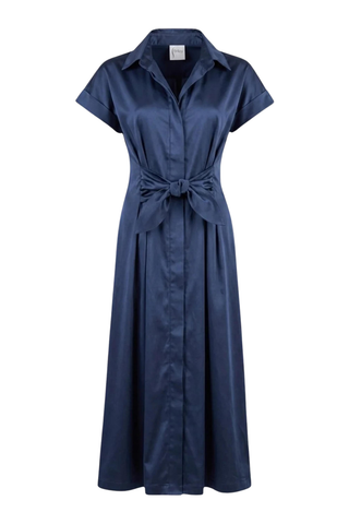 Finley Long Rocky Dress in navy featuring a collared neckline, short sleeves, button-front styling, and a self-tie waist.
