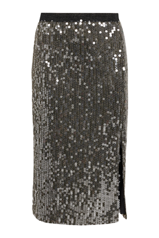 Ramy Brook Annita Skirt in Gunmetal Paillette featuring a shimmering sequin midi silhouette, elasticized waistband, and side slit.