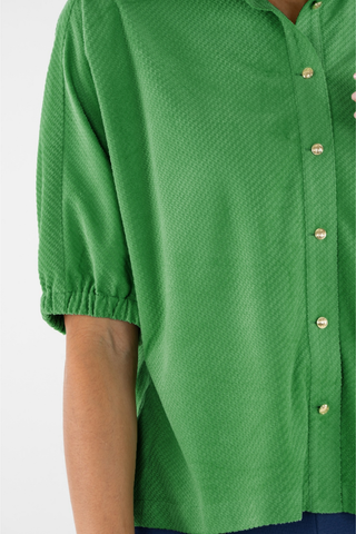 Emily McCarthy Bonny Top in Winter Pine featuring a vibrant green color, collared neckline, button front, and short puff sleeves.