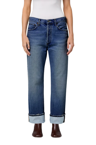 AGOLDE Fran Jean in Intersection featuring a medium-blue denim wash, relaxed straight-leg silhouette, high-rise waist, and cuffed hems.