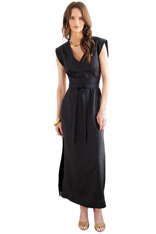Finley Beverly Metallic Dress in Black featuring a V-neckline, cap sleeves, coordinating tie waist belt, and elegant midi-length silhouette with subtle metallic detailing.