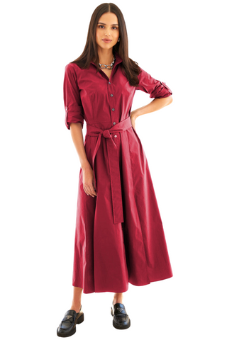 Finley Laine Maxi Dress in Red featuring a spread collar, button-front closure, long sleeves, coordinating self-tie waist belt, and elegant A-line maxi silhouette.