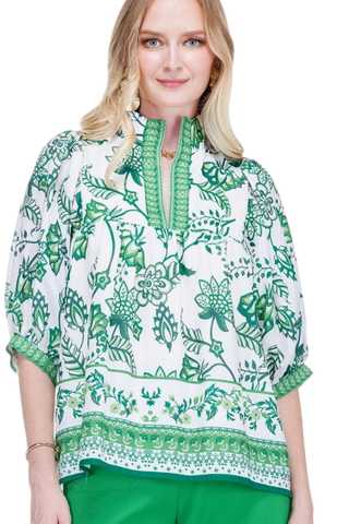 Stand Collar Top, Jade Green Border