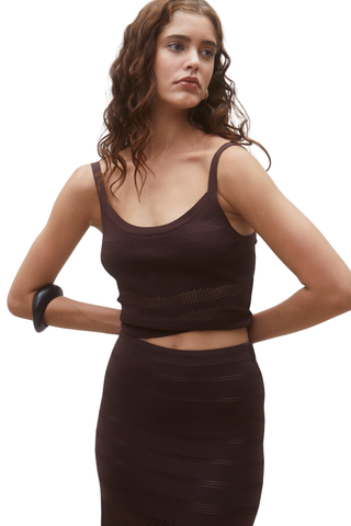 Brown sleeveless knit tank with fitted silhouette and textured openwork design