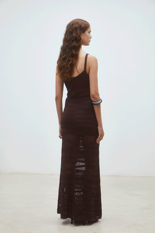 Brown sleeveless knit tank with fitted silhouette and textured openwork design