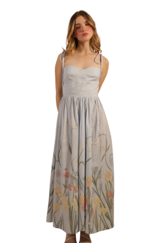 Blue midi dress with fitted bodice and floral border print skirt by Kleid