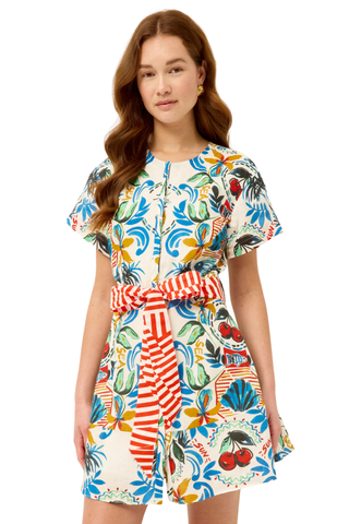 Marie Oliver Floragram printed mini dress with striped sash belt and short sleeves