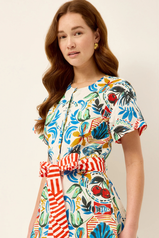 Marie Oliver Floragram printed mini dress with striped sash belt and short sleeves