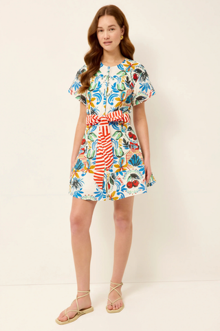 Marie Oliver Floragram printed mini dress with striped sash belt and short sleeves