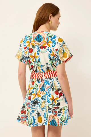 Marie Oliver Floragram printed mini dress with striped sash belt and short sleeves