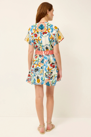 Marie Oliver Floragram printed mini dress with striped sash belt and short sleeves