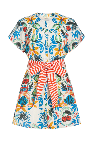 Marie Oliver Floragram printed mini dress with striped sash belt and short sleeves