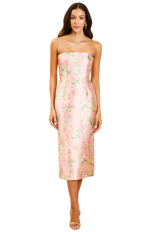 Mestiza Sabrina Midi Dress Rose Vines pink floral strapless midi dress with tailored silhouette Monkee's of the West End