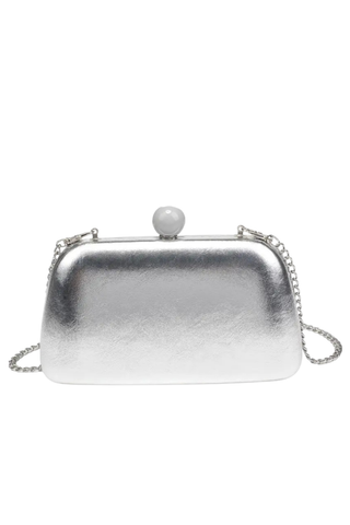 Rue Aveline Sahara silver evening bag with metallic finish, clasp closure, and chain strap