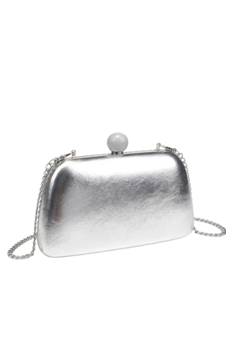 Rue Aveline Sahara silver evening bag with metallic finish, clasp closure, and chain strap
