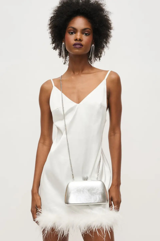 Rue Aveline Sahara silver evening bag with metallic finish, clasp closure, and chain strap