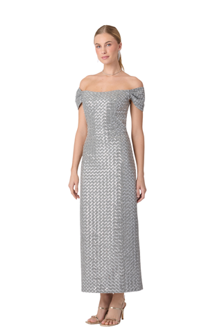 Shoshanna Samantha Dress in Grey and Silver featuring shimmering textured fabric, off-the-shoulder neckline, and fitted midi silhouette.