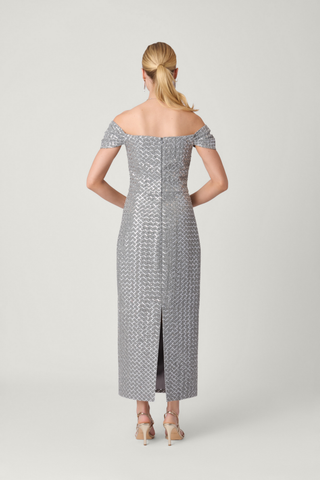 Shoshanna Samantha Dress in Grey and Silver featuring shimmering textured fabric, off-the-shoulder neckline, and fitted midi silhouette.